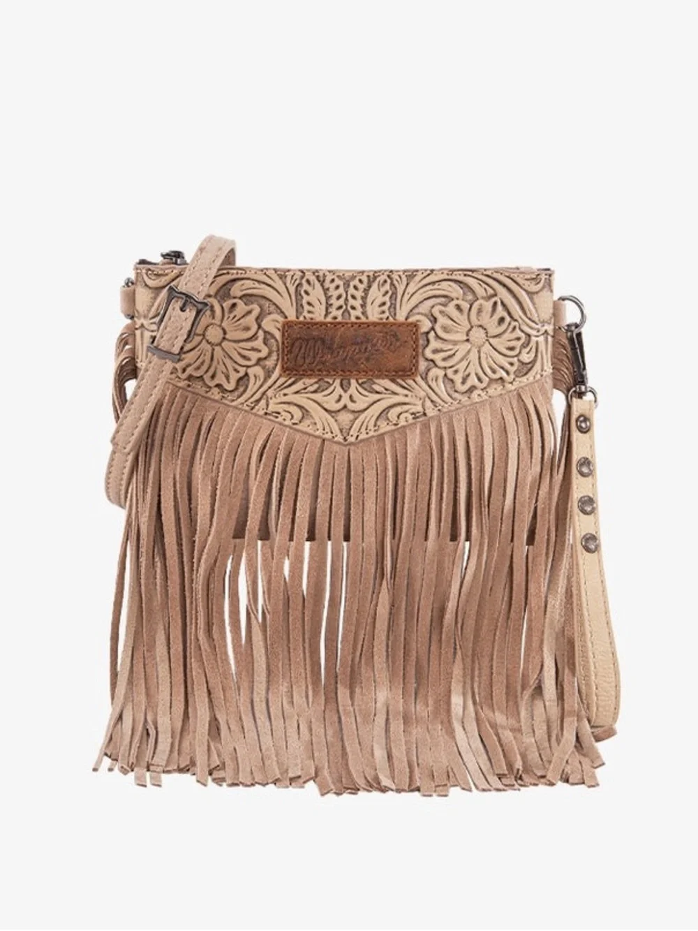 Wrangler Tan Fringe Embossed Floral Crossbody Bag NWT - Picture 2 of 5